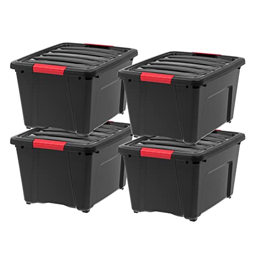 IRIS USA 4-Pack 32 Quart Storage Bins with Lids, Black | Black finish conceals stored items. Great for linens, décor, closet storage, and supplies. Nestable design saves space - size: 32 Qt, style: 4 Pack