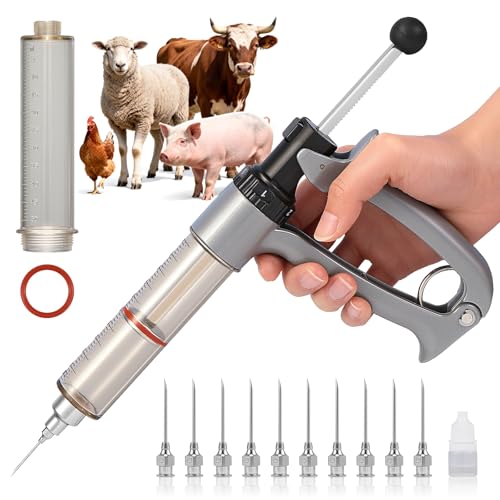 NEWTRY 50ML Continuous Livestock Syringe Adjustable Poultry with 10 Needles | Semi Automatic Syringe Adjustable Poultry Gun Stainless Steel with 10 Needles for Horse Sheep Cattle - size: 50ML