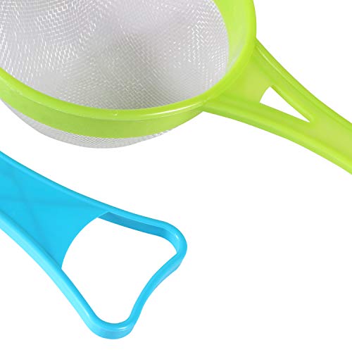 BENBO 4Pcs Plastic Mesh Strainer Colander Set, Food Soy Milk Flour Sieve Plastic Colander Strainer with Long Handle Icing Sugar Sifters Fine Strainer Tea Filter and Silicone Foldable Funnel