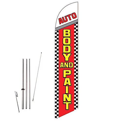 GLOBAL ADVERTISING SOLUTIONS Auto Repair Feather Flag Eye Catching Banner Sign for Business and Marketing Complete Set with 15 ft Pole Kit and Ground Spike (Auto Body and Paint) - style: Auto Body and Paint
