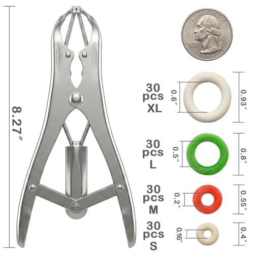 Goat Banding Kit, Livestock Castration Bander with Stainless Steel Expander Pliers, 120Pcs 4 Sizes Castrator Rings and Ring Installation Tool for Goats, Lambs, Calves, Sheep, Piglets - style: Pliers，30-S, 30-M, 30-L, 30-XL