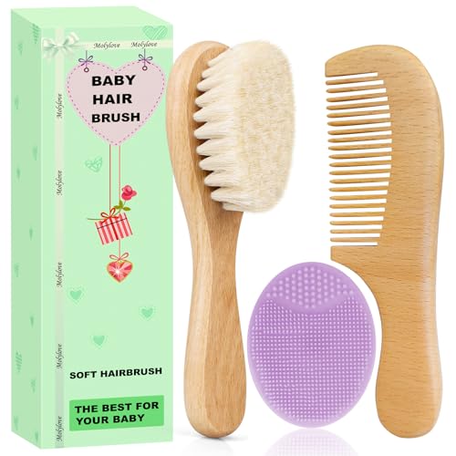 Baby Hair Brush and Comb Set for Newborns & Toddlers | Wooden Baby Brush Set with Soft Goat Bristles l Wood Comb l Purple Cradle Cap Brush| Ideal for Cradle Cap (3 Piece) - color: 3pcs(purple Cradle Cap Brush+hair Brush+wood Comb)