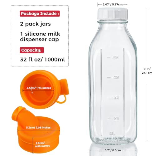 32 oz Glass Milk Bottles with Lid & Silicone Dispenser Cap, 2 Pack | Airtight Screw Lid, Leak-proof Design, Scale Markings for Breastmilk Storage, BPA-free Glass, Reusable, Fridge-safe