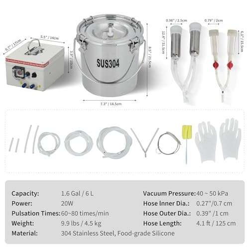 6L Electric Goat Milking Machine, 304 Stainless Steel Bucket, Portable Rechargeable Air Suction Pulsation Vacuum Milker, 4 Safe Grade Silicone Teat Cups, Adjustable Suction for Cows Goats and Sheep