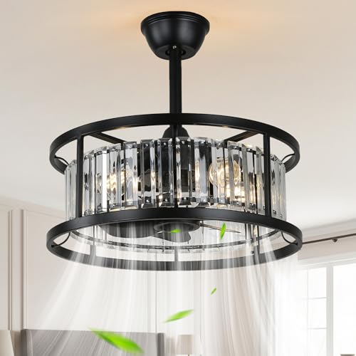 20" Crystal Ceiling Fan with Lights Caged Fandelier Ceiling Fan | Modern Crystal Chandelier Light for Bedroom Nursery Living Room, Remote Control Reversible 6 Speed 4 E26 Bulbs (Not Included) - color: Crystal Cage