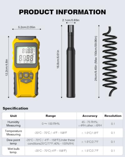 MT-93D Split Thermo Hygrometer HVAC Humidity Meter, Dew Point and Wet Bulb Temperature Reader, Flexible Spring Cord air Temp Probe, Backlit LCD, Data Hold MAX/MIN, ℃/℉, humidifier Greenhouse
