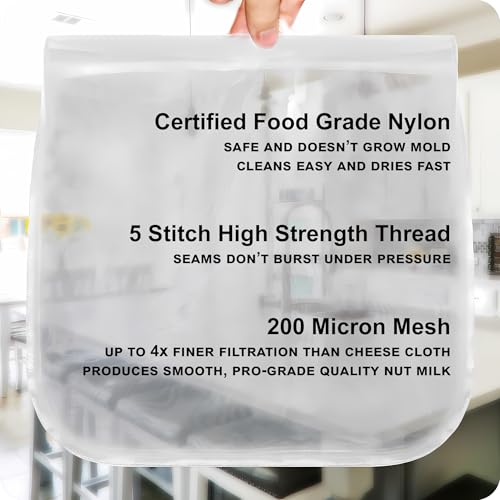 Large Nut Milk Bag - 12x12 Inches, 200 Micron Food Grade Nylon Mesh, Reusable Professional Strainer for Smooth Nut & Seed Milks, Juicing, Yogurt/Cheese/Tofu (1 Pack)
