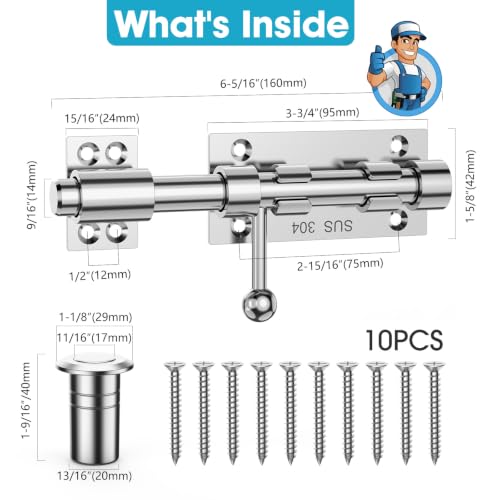 6.3 Inch Slide Bolt Gate Latch, Barrel Bolt Latch, 4 Pack-Silver | Heavy Duty Solid 304 Stainless Steel Door Lock for Wooden Fence/Shed/Yard/Barn Door/Interior and Outdoor - color: 4 Pack-Silver