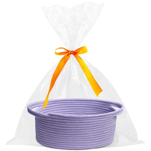 Pro Goleem Small Woven Basket with Gift Bags and Ribbons Durable Baskets for Gifts Empty Small Rope Basket for Storage 12"X 8" X 5" Baby Toy Basket with Handles, purple - color: Purple