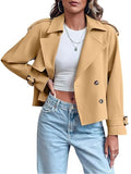 ebossy Women's Double Breasted Short Duster Trench Coat Lapel Loose Windproof Cropped Jacket Coat with Pockets - color: Khaki, size: XX-Large