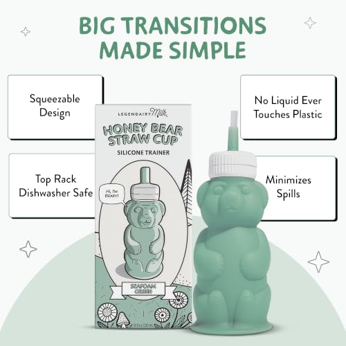 Legendairy Milk Honey Bear Silicone Straw Sippy Cup, Green, 8 oz, 4+ Months | Helps with bottle-to-cup transitions; liquid never touches plastic. BPA- and phthalate-free, dishwasher safe, brush included. - color: Seafoam Green V2