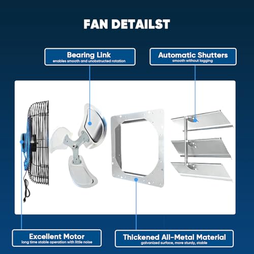 KEN BROWN 12 Inch Shutter Exhaust Fan, Gable Vent Fan, Wall Mount Ventilation, High Speed 1450 CFM, Automatic Aluminum Blades, for Garages, Shop, Greenhouse, Attic, with Power Cord - size: 12 Inch
