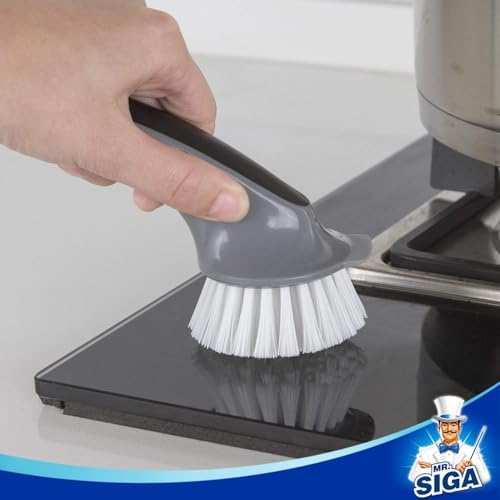MR.SIGA Pot and Pan Cleaning Brush, Dish Brush for Kitchen, Gray, Pack of 2 | Dish brush with non slip handle and built in scraper - color: Black & Grey
