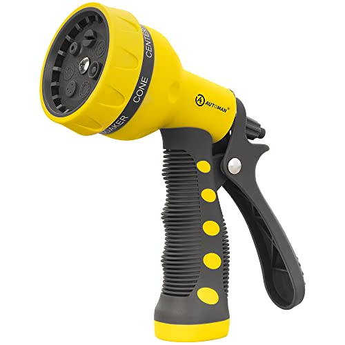 AUTOMAN-Garden-Hose-Nozzle,ABS Water Spray Nozzle with Heavy Duty 7 Adjustable Watering Patterns,Slip Resistant for Watering Plants,Lawn& Garden,Washing Cars,Cleaning,Showering Pets - Yellow - color: Yellow