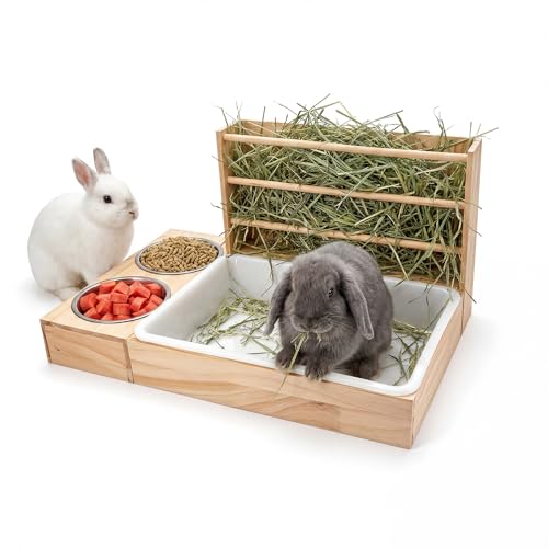 3-in-1 Rabbit Hay Feeder, Rabbit Litter Box with Hay Feeder and Bowls, Guinea Pig Hay Feeder, for Rabbits, Guinea Pigs, Small Animals