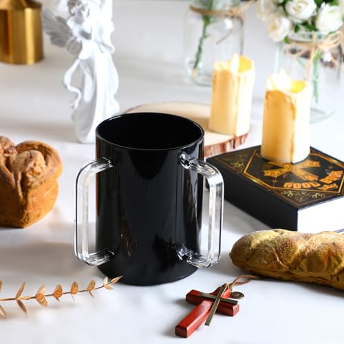 Dingion Judaica Hand Washing Cup for Netilat Yadayim,Black, Clear Handle | Black Acrylic Judaica Hand Washing Cup Stable Dual Clear Handles 5 Inch Netilat Yadayim Cup Traditional Jewish Ritual Kohanim - color: Black, Clear Handle
