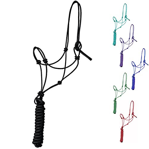 Majestic Ally 1/4" Rope 4 Knot Stiff Polyester Training Halter with 10’ Matching Lead Rope for Horses – Full (Black, Full) - color: Black, size: Full