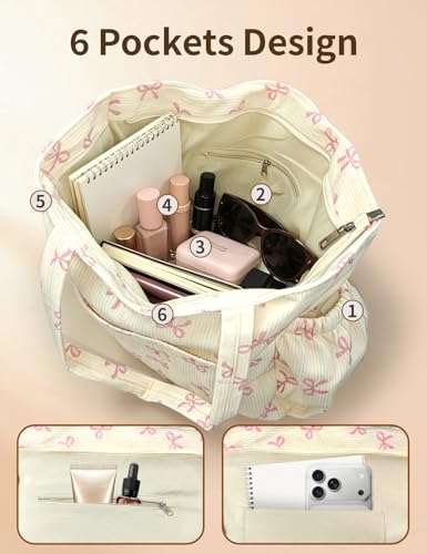 Corduroy Tote Bag for Women, Cute Floral Tote Bag with Zipper, Large Shoulder Handbag with Multi-Pockets for Work Travel Gym - color: Pink Bows
