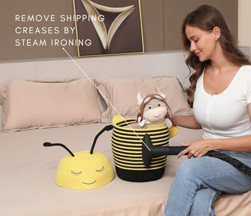 10x15 Inch Bee Basket with Lid, Handcrafted Cotton Rope Animal Storage Bin, Striped Bumble Bee Decor for Kids Bedroom Playroom, Yellow
