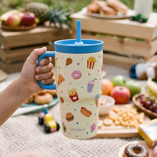 SANDJEST Food Stainless Steel Tumbler 20oz with Handle and Silicone Straw Locking Lid for Kids Boys Girls, Birthday Christmas Back to School - color: Fast Food
