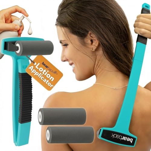 bearback Lotion Applicator for Back & Body Long-Reach Roller for Even Lotion, Sunscreen, Self-Tanner & Medication Application Foldable, Reusable, No-Help Design American Small Business (Teal) - color: Teal