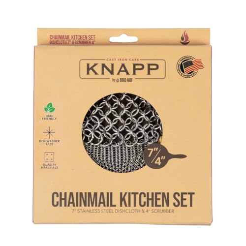 Knapp Made Cast Iron Chainmail Scrubber Kitchen Set - 4" and 7" Sizes. Premium Stainless Steel Cleaner for Your Finest Pots, Pans, and Kitchenware