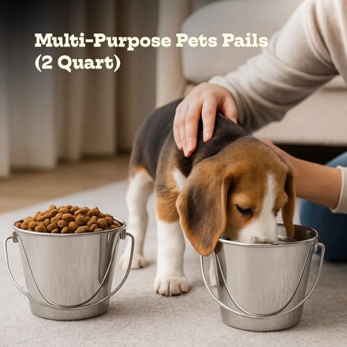 2Qt Round Stainless Steel Heavy Duty Dog Water Bucket, 2-Pack | Food & Water Pail, Half Gallon Capacity, Heavy-Duty, Round Design with Carry Handle, Ideal for Dogs, Cats, Birds & Small Pets - size: 2 Quart (Pack of 2)