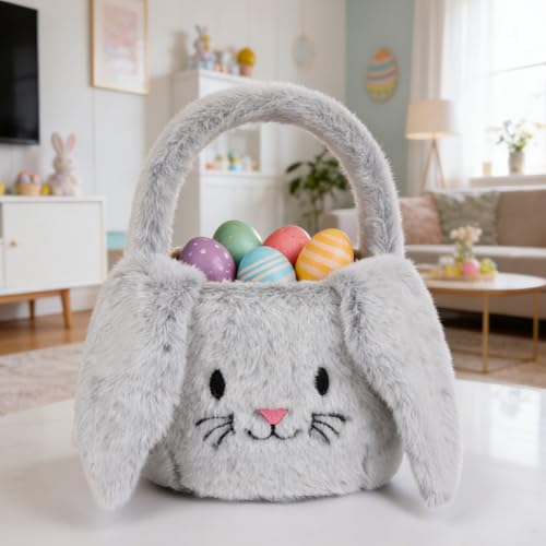 PRATIQUE Foldable Plush Easter Basket with Bunny Ears for Kids, Easter Egg Hunt Bucket with Handle, Cute Storage Bin for Candy, Toys & Gifts(Gery) - color: Gery