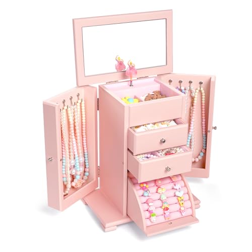 Emfogo Musical Jewelry Box for Girls, Large Kid Music Box with Ballerina for Birthday Bedroom Decor, 5 Layer Girl Jewelry Gifts for Girls Kids - Pink - color: Pink