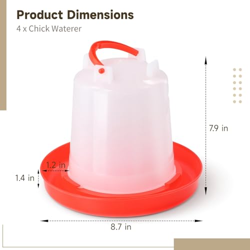 4 Pcs Chick Waterers, 2.5 L Poultry Water Feeders, Poultry Drinkers with Handle, Heavy-Duty Plastic Poultry Water Containers for Chickens, Turkeys, Ducks and More