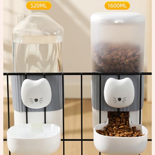 Automatic Rabbit Feeder and Water Dispenser Set,54oz Gravity Food Feeder&17oz Leak-Proof Water Bottle for Guinea Pigs,Small Animals,Chinchillas,Ferrets,Cage Mount Feeding Station（Cat Head）
