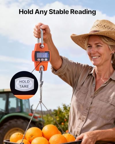 VEVOR Digital Crane Scale, 660 lbs/300 kg, Industrial Heavy Duty Hanging Scale with Cast Aluminum Case & LCD Screen, Handheld Mini Crane with Hooks for Farm, Hunting, Fishing, Outdoor, Garage (Orange) - style: 660 lbs/300 kg
