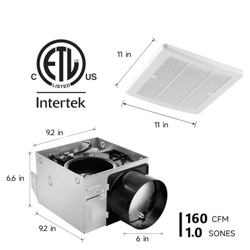 Tech Drive Bathroom Fan,160 CFM, Very Quiet 1.0 Sone,6 Inch Duct | No Attic Access Needed,Easy to Install Ceiling Mounted Ventilation Exhaust Fan, White,ETL Certified - size: 160CFM 1.0Sone