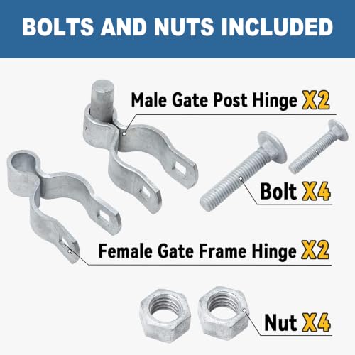 2 Pack 1-5/8" x 1-5/8" Chain Link Fence Gate Hinge Kit, Galvanized Steel Gate Hinges, Heavy Duty with 2 PCS Frame Hinge and 2 PCS Post Hinge, Bolts & Nuts Included - size: 1-5/8" x 1-5/8"