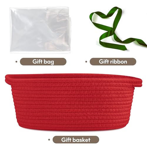 Pro Goleem Small Woven Basket with Gift Bags and Ribbons Durable Baskets for Gifts Empty Small Rope Basket for Storage 12"X 8" X 5" Baby Toy Basket with Handles, Red - color: red