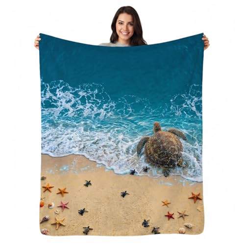 Beach Sea Turtle Family Throw Blanket, Flannel Fleece 60" x 80" | Yujiiso Beach Sea Turtle Family Blanket Lightweight Decor for Living Room, Bedroom, Office and Travel, Home Decor Gift - color: Beach Sea Turtle Family, size: 60"x80"