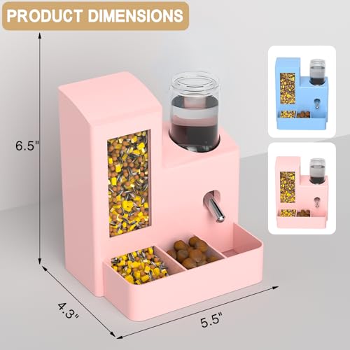 Hamster Water Bottle Feeder, No Drip 2-in-1 Dispenser | 5.51 x 4.33 x 6.49 Inch compact design with hamster water dispenser, hamster food bowl and cage accessories for small pets. - color: Pink