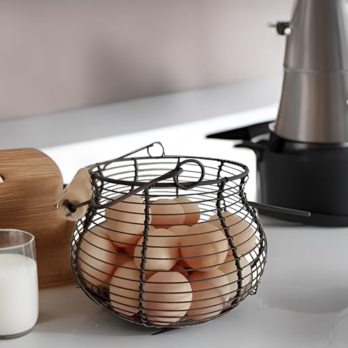 LINCOUNTRY. Farmhouse Wire Egg Baskets for Gathering Fresh Egg With Handle | Famhouse vintage rustic Round Metal Chicken Egg Collecting Basket Countertop Holder Vintage Style for Kitchen