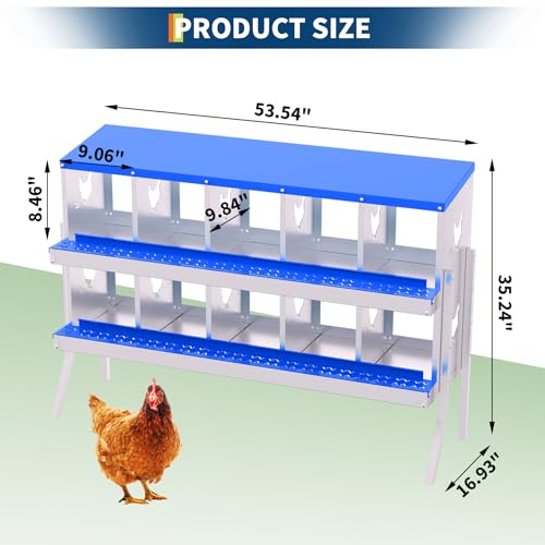 TrailBlaze Galvanized Steel Chicken Nesting Box - 10 Compartments, Roll Away Egg System, Rustproof, Ventilated, Removable Tray, Easy Clean, Bracket Included - Blue, 10 Compartments, with Bracket - color: Blue, size: 10 Holes with Legs