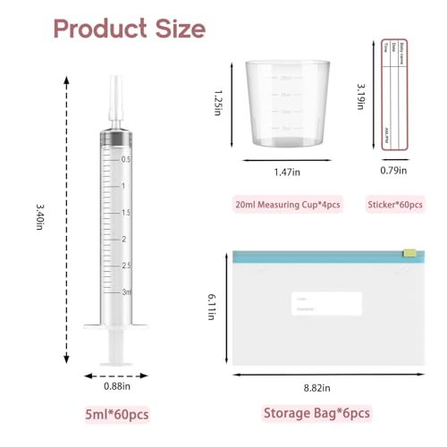 60 Sets 3Ml Colostrum Collector Kit Include 60 3ml No Needle Sterile Syringes with Cap, 4 Measuring Cup, 6 Zip-lock Storage Bags, 60 Labels for Breast Milk Collector - size: 60pcs-3ml