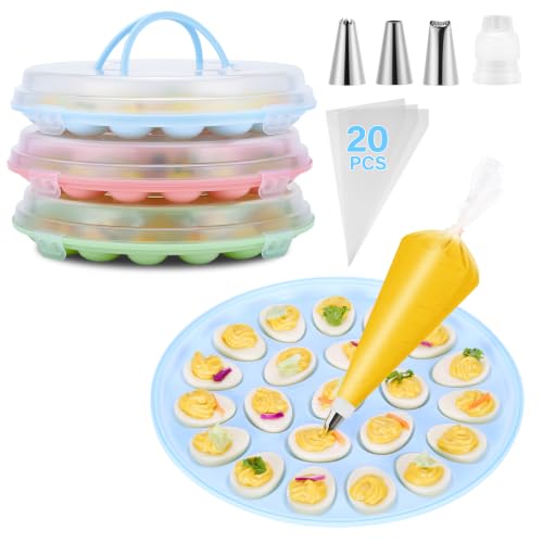 3 Pack Stackable Deviled Egg Container with Lid for Easter, Picnic | Deviled Egg Container with Handle, 66-Slot Egg Carrier Tray for Fridge Storage, Easter, Christmas, Parties, Dishwasher