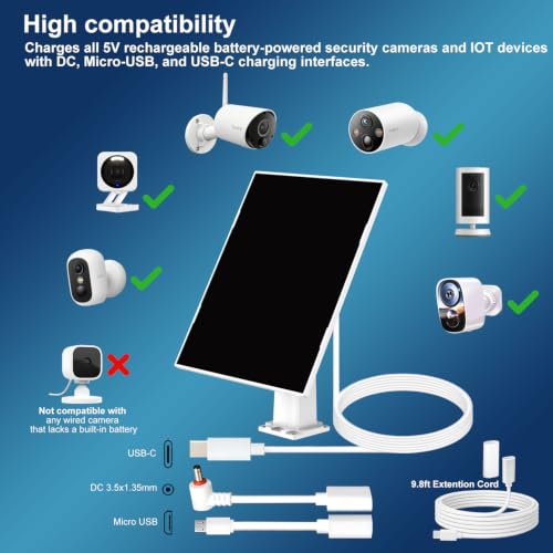 6W Solar Panel Charger for Outdoor Security Camera | 16ft Waterproof Cable & 360° Adjustable Bracket, Fits 5V Battery Cam and Device with DC 3.5×1.35mm / USB-C / Micro USB Ports - size: SP2 16.5ft Extension Cord