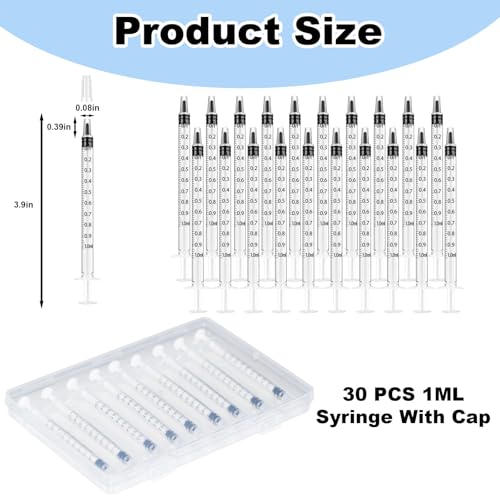 30 Pcs 1ml Syringe Without Needle for Liquids, 1cc Syringe for Liquid, 1 ml Small Syringes with Cap for Feeding Pets Oral, Oil or Glue Using, Non-Sterile