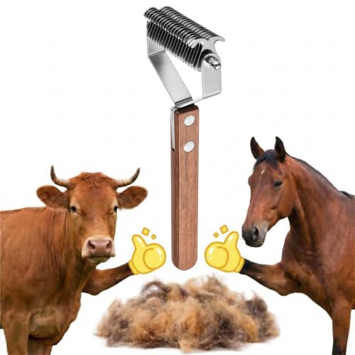 Abbylike 2-sided Livestock Shedding Comb Grooming Dematting Brush Shedding Undercoat Rake for Cattle Horse Goat Cow Pets with 20 Steel Blades and Wood Handle - style: 2-sided