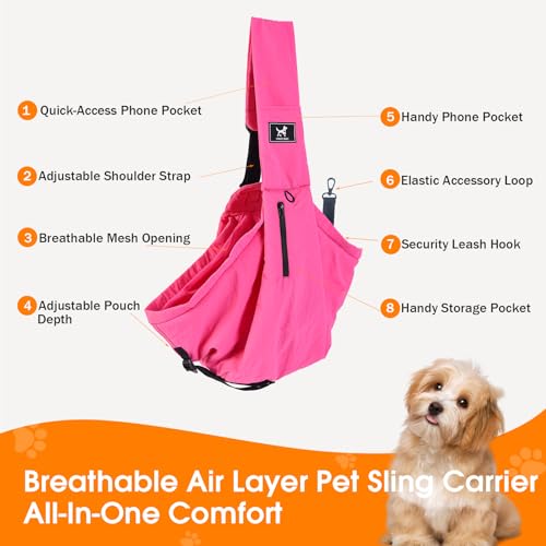 Dog Sling Carrier for Small Dogs & Cats 5-20 lbs, Adjustable Depth | Breathable Air Mesh Puppy Sling, Water-Resistant Travel Bag, Double Safety Leash, Machine Washable, Hands-Free Pouch, Fuchsia - color: Fuchsia