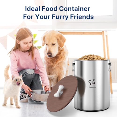 Paw Libero 25 Lbs Stainless Steel Dog Food Storage Container with Airtight Wooden Lid & Ceramic Bone Handle, Large Metal Dog Food Bin for Dogs & Cats, Keep Fresh, Easy to Clean - size: 25 lbs - 1pk