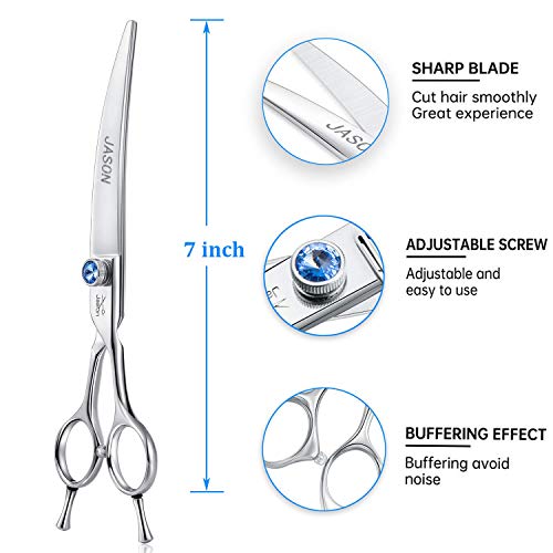 JASON Curved Dog Grooming Scissors - 7" Cats Trimming Shears Right Handed | Ergonomic Pets Shear with Offset Handle and a Jewelled Screw for Right Handed Groomers, Sharp, Comfortable, Gift - size: 7.0", style: Curved