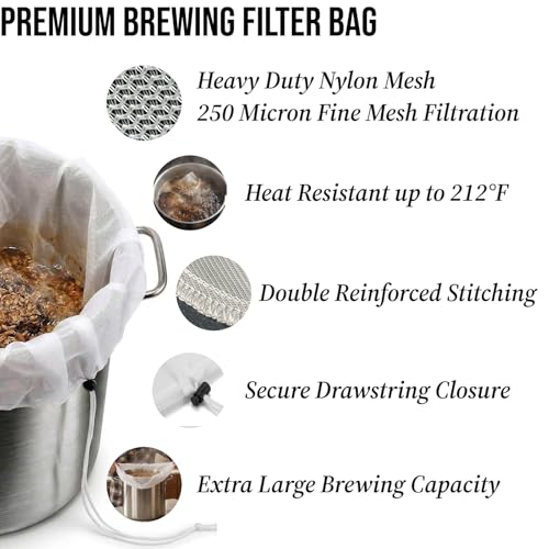 5 Pack BIAB Brewing Bag, 18" x 16", 250 Micron Reusable Fine Mesh Brew in a Bag with Reinforced Stitching & Drawstring, Heavy Duty Nylon Straining Bag for All Grain Home Brewing & Beer Wine Cider - size: 5Pack 18" X 16"