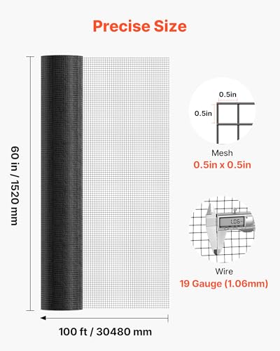 VEVOR Hardware Cloth 60 in x 100 ft, 1/2 in 19 Gauge Galvanized Wire Mesh Roll, Weather-Resistant Vinyl Coated Chicken Wire Fencing, Heavy Duty Welded Garden Plant Fencing for Rabbit Cage Snake Fence - size: 60in*100ft
