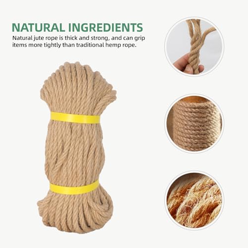Natural Jute Rope, Heavy Duty Thick Rope, 1/4 in x 100 ft | For indoor and outdoor crafts, nautical rope decor, railings, hammocks, swings, gardening and tug of war - size: 1/4 in x 100 ft